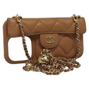 CHANEL Matelasse Chain Phone Case Caviar Skin Brown Gold CC Auth bs24072